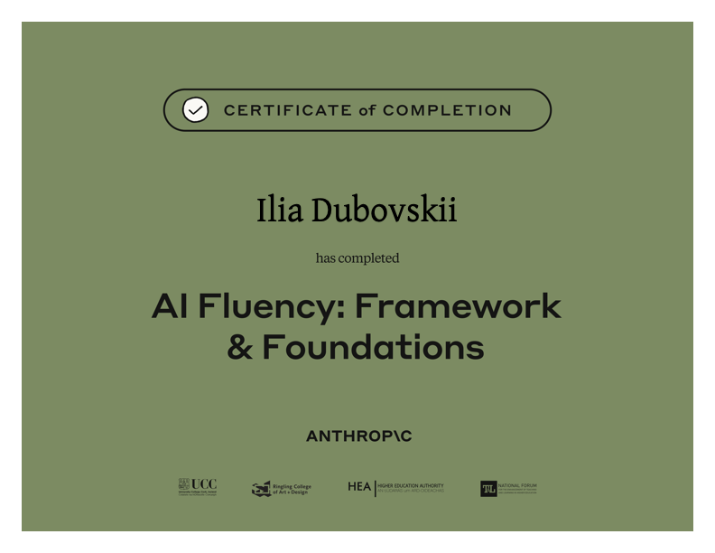 Anthropic AI Fluency: Framework & Foundations Certificate — Ilia Dubovskii, 2026