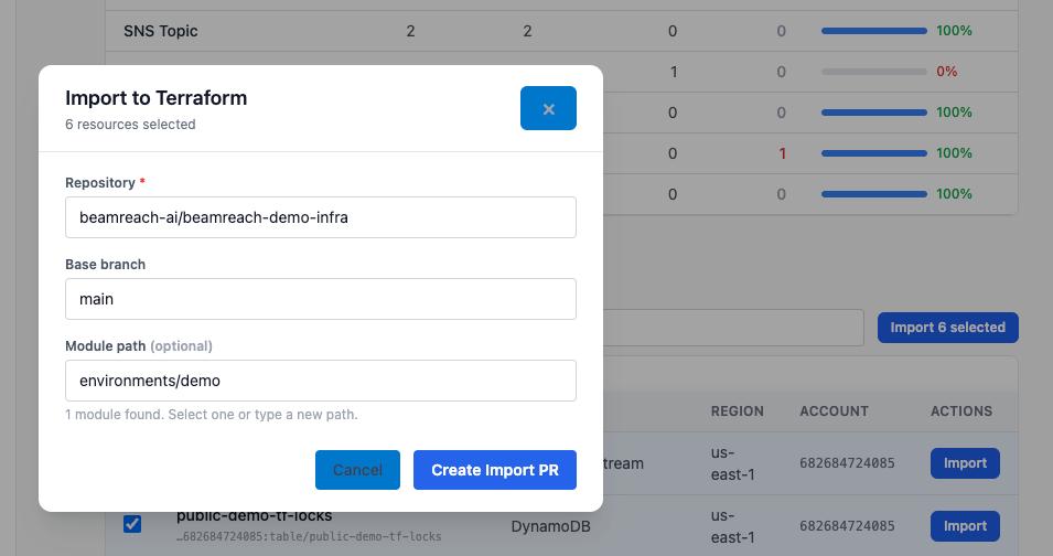 Beamreach Compass Import to Terraform modal showing repository, base branch, module path, and Create Import PR button